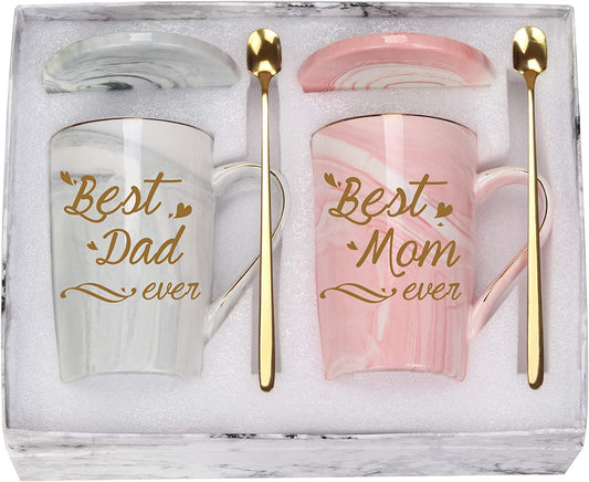 Best Mom and Dad Coffee Mugs Best Dad and Mom Mug Birthday Mothers Day Fathers Day Mugs for Mom Dad from Daughter Son New Parent Mug 14 Ounce Gift Box with Spoon and Mug Mat Pink and Gray